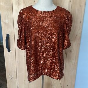 Anthropologie Loose Copper Sequin Blouse with Rushed Sleeves Sz 14